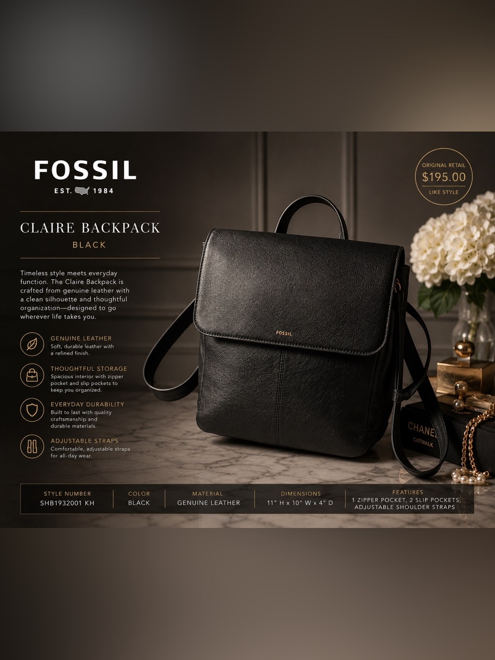 NWT Fossil Claire Backpack Black Genuine Leather SHB1932001